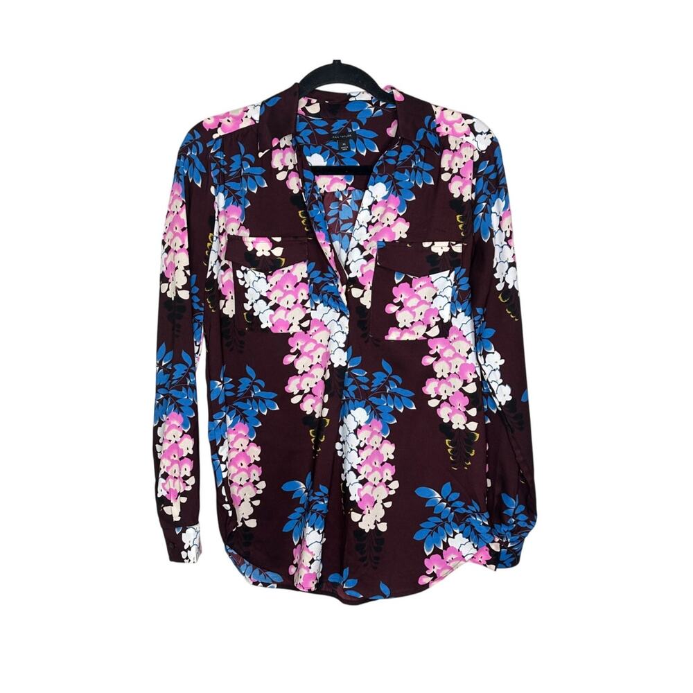 White House Black Market Blouse Womens XS Brown Floral Button Up Long Sleeve EUC